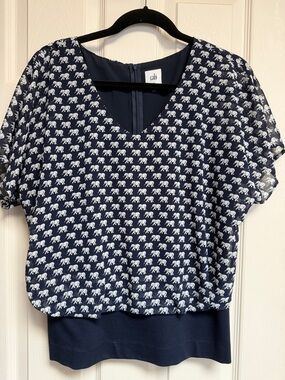 CAbi Navy Elephant Print Short Sleeve Blouse
